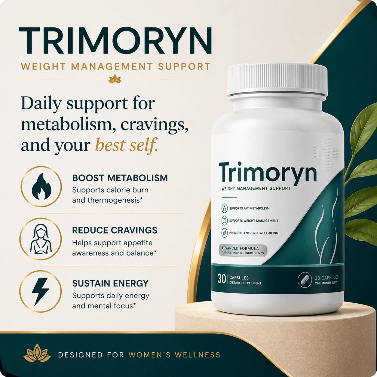 Trimoryn bottle — daily wellness capsule for women over 40 supporting metabolism, appetite, and gut health