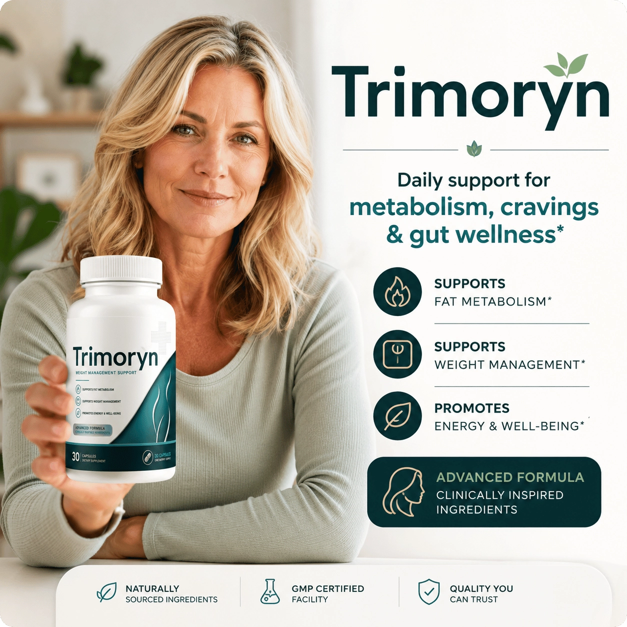 Woman over 40 adding Trimoryn to her daily wellness routine